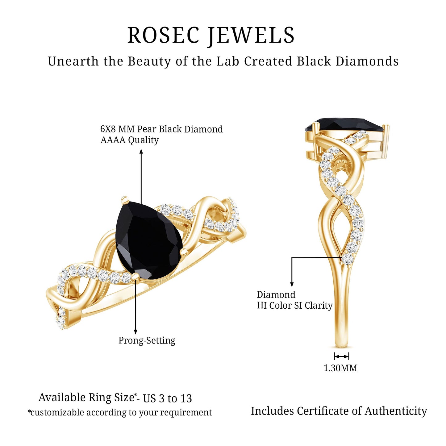 Pear Shape 0.85 Carat Lab Grown Black and White Diamond Engagement Ring with Crossover Shank