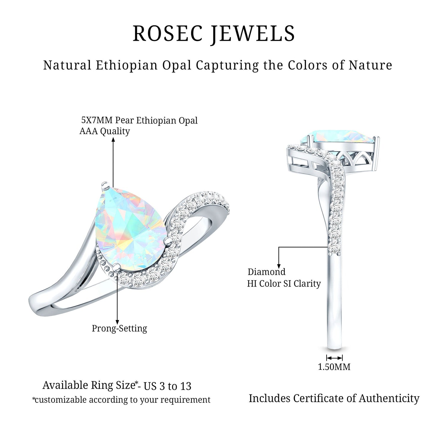0.7 Carat Pear Cut Ethiopian Opal Engagement Ring with Diamond
