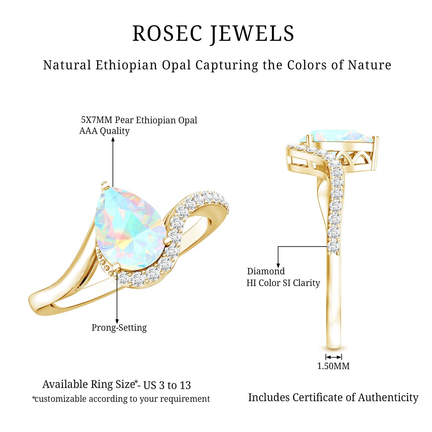 0.7 Carat Pear Cut Ethiopian Opal Engagement Ring with Diamond