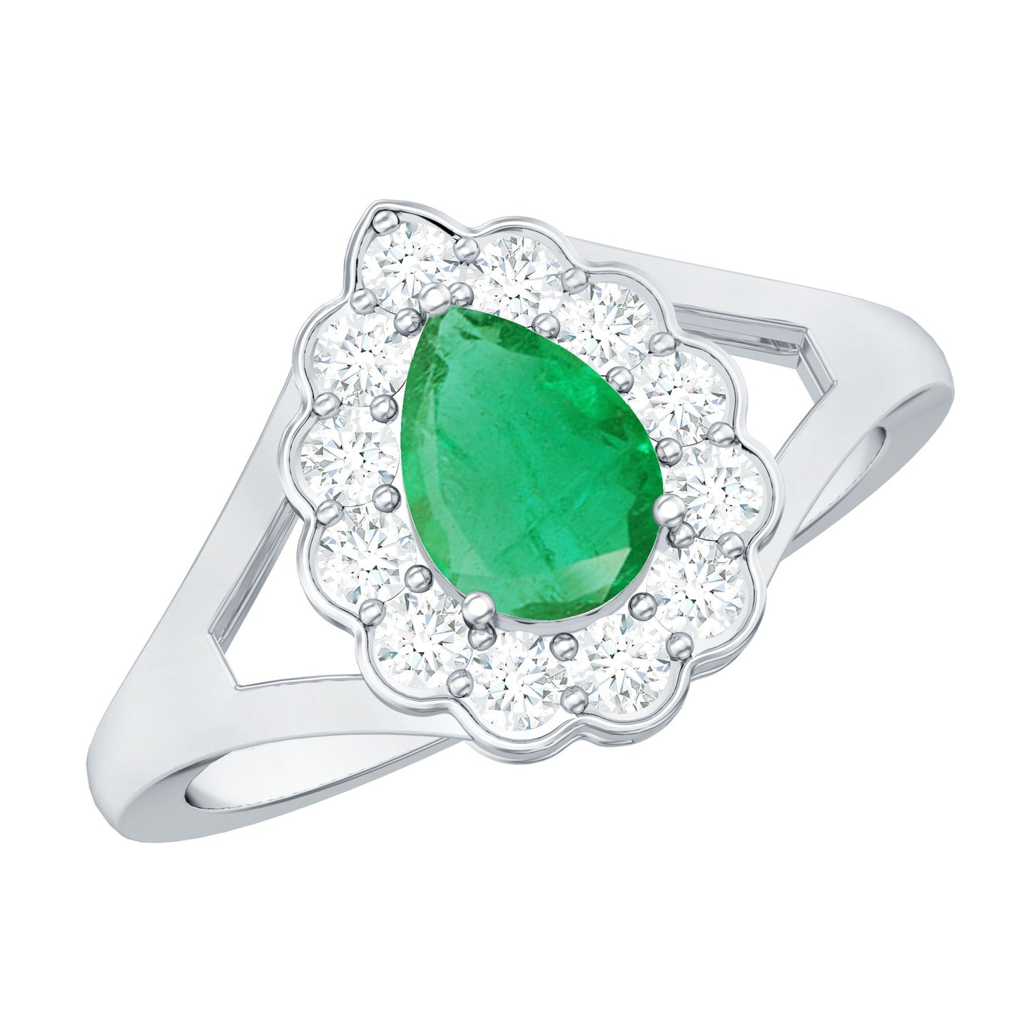 0.6 Carat Pear Cut Emerald Engagement Ring with Diamond Halo