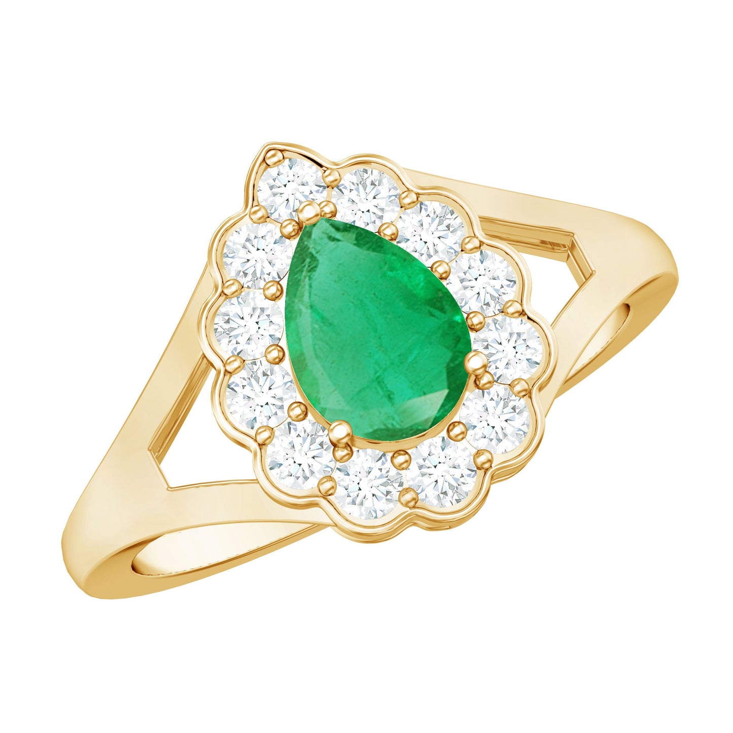 0.6 Carat Pear Cut Emerald Engagement Ring with Diamond Halo