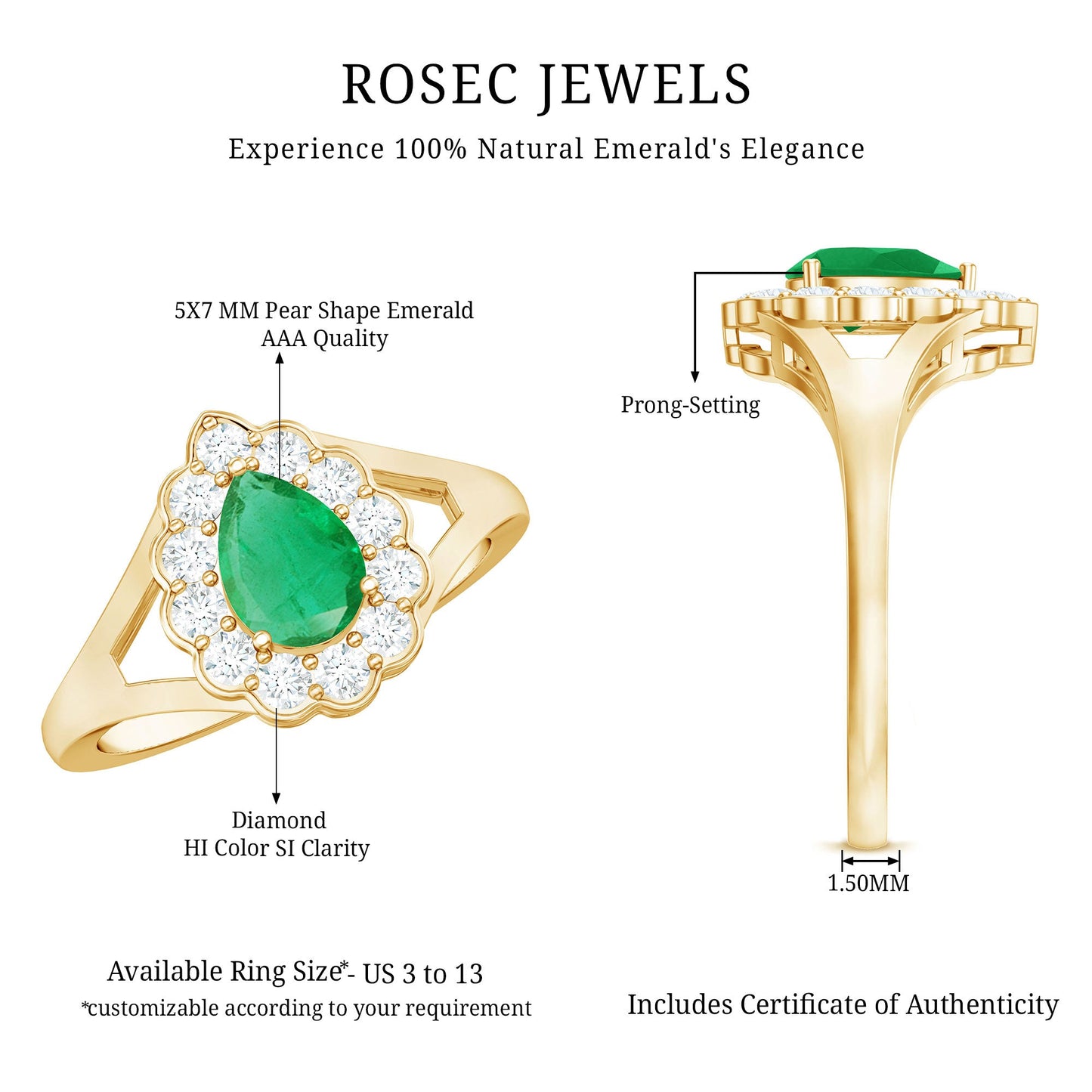 0.6 Carat Pear Cut Emerald Engagement Ring with Diamond Halo