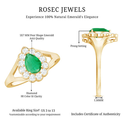 0.6 Carat Pear Cut Emerald Engagement Ring with Diamond Halo