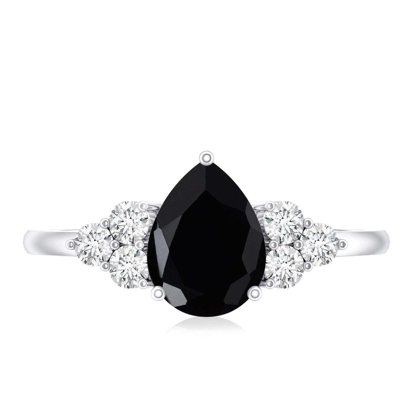 0.85 Carat Lab Grown Black Diamond Pear Shape Engagement Ring with White Diamond Trio