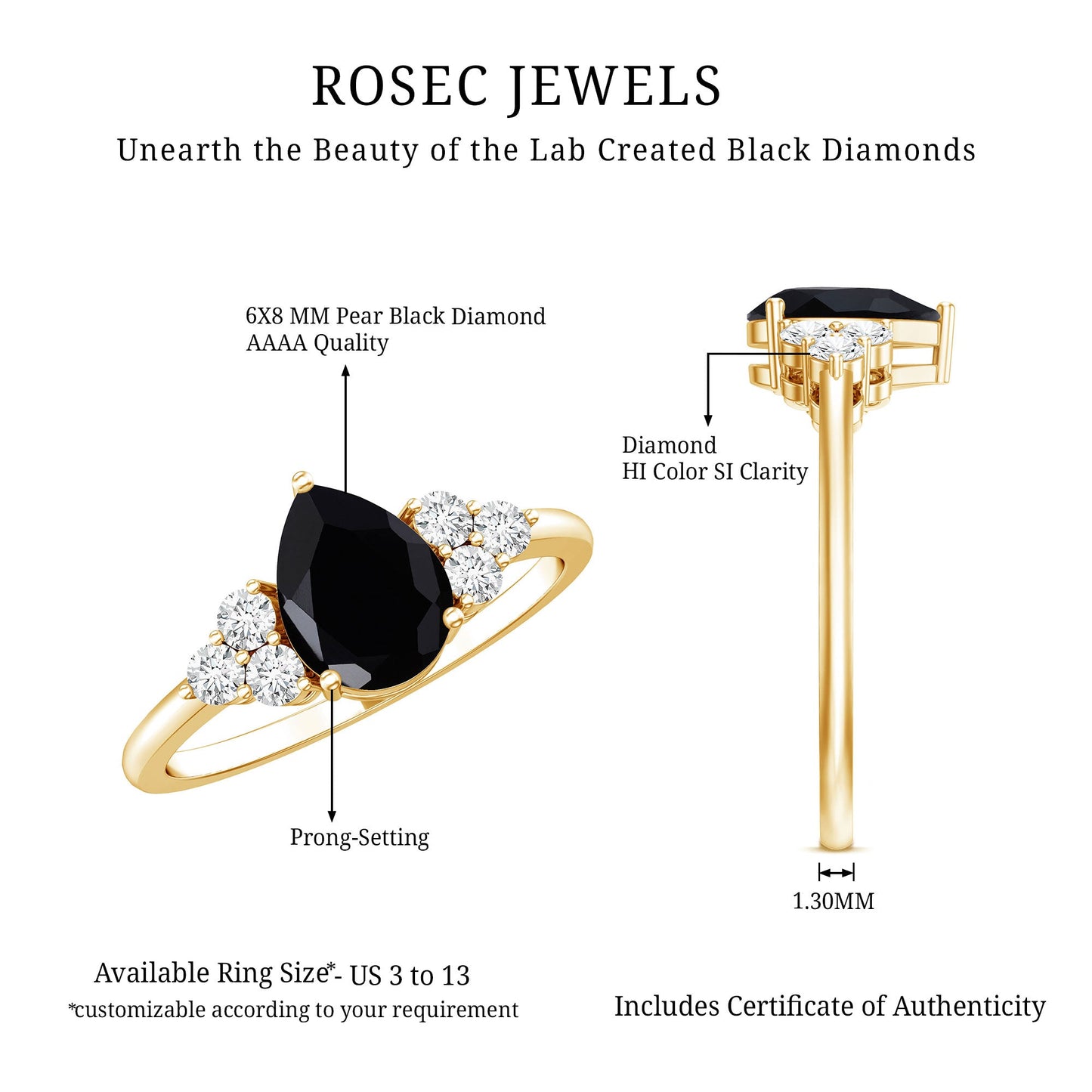 0.85 Carat Lab Grown Black Diamond Pear Shape Engagement Ring with White Diamond Trio