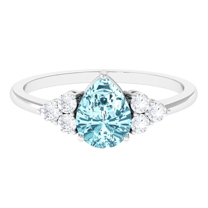Genuine Aquamarine Teardrop Engagement Ring with Diamond Trio