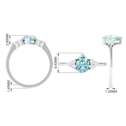 Genuine Aquamarine Teardrop Engagement Ring with Diamond Trio