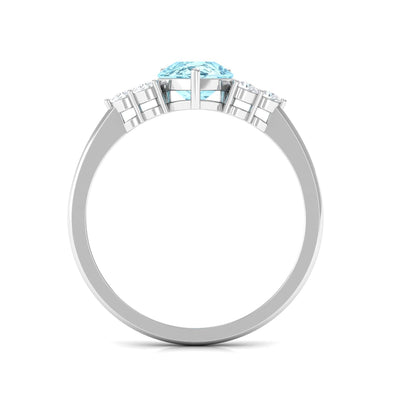 Genuine Aquamarine Teardrop Engagement Ring with Diamond Trio