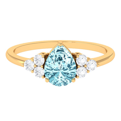 Genuine Aquamarine Teardrop Engagement Ring with Diamond Trio