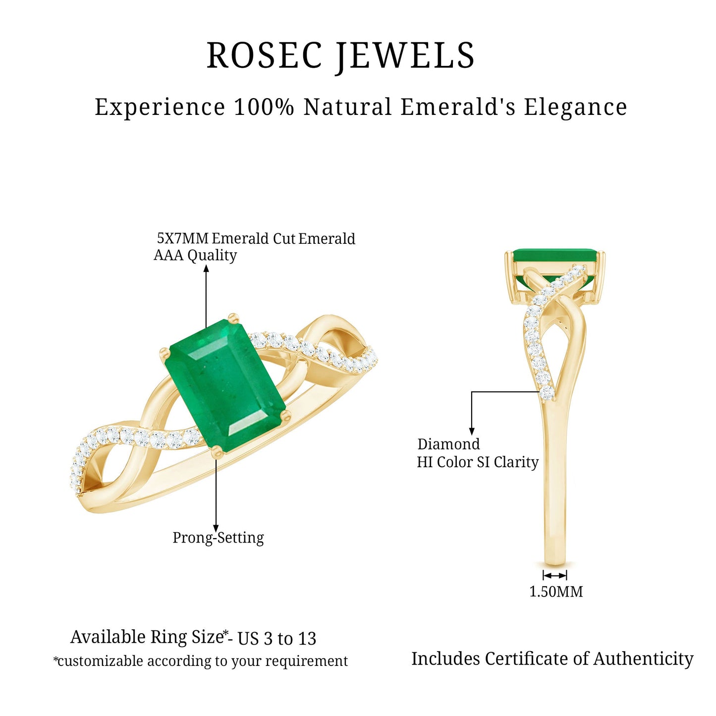 Real Emerald Cut Emerald Engagement Ring with Diamond Twisted Infinity Shank