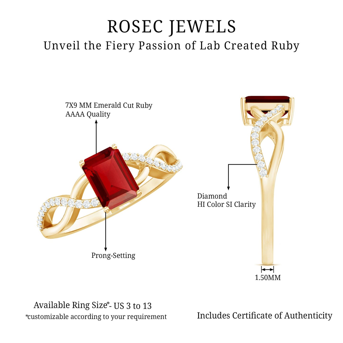 Emerald Cut Lab Grown Ruby and Diamond Infinity Engagement Ring