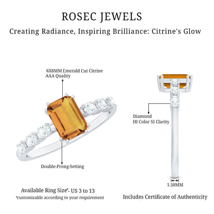 Natural Citrine Emerald Cut Engagement Ring with Diamond