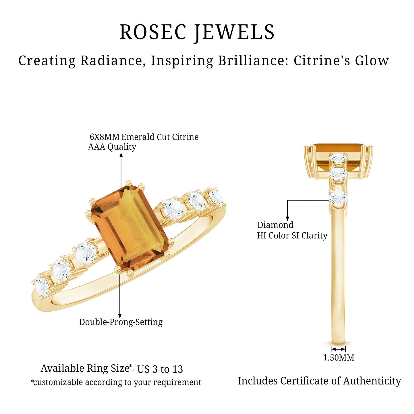Natural Citrine Emerald Cut Engagement Ring with Diamond