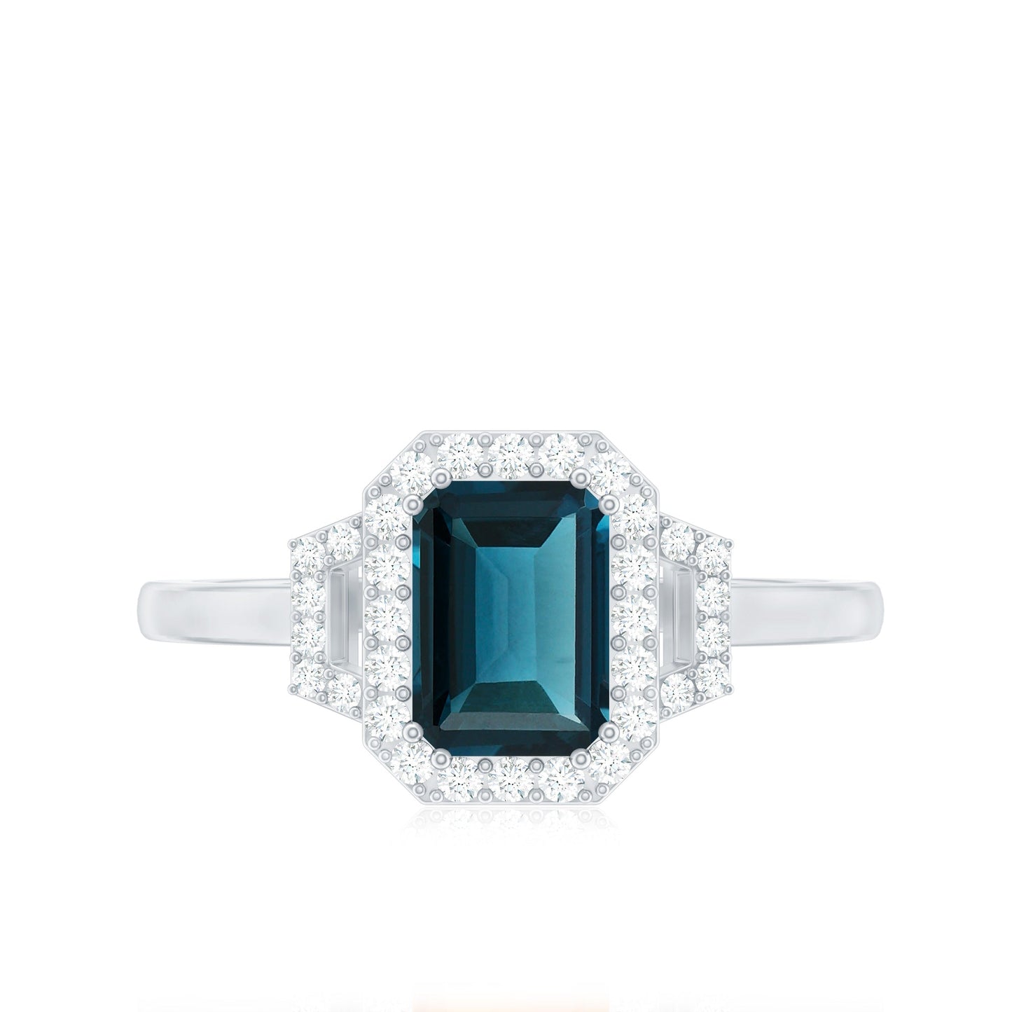 Emerald Cut Blue Topaz and Diamond Halo Engagement Ring