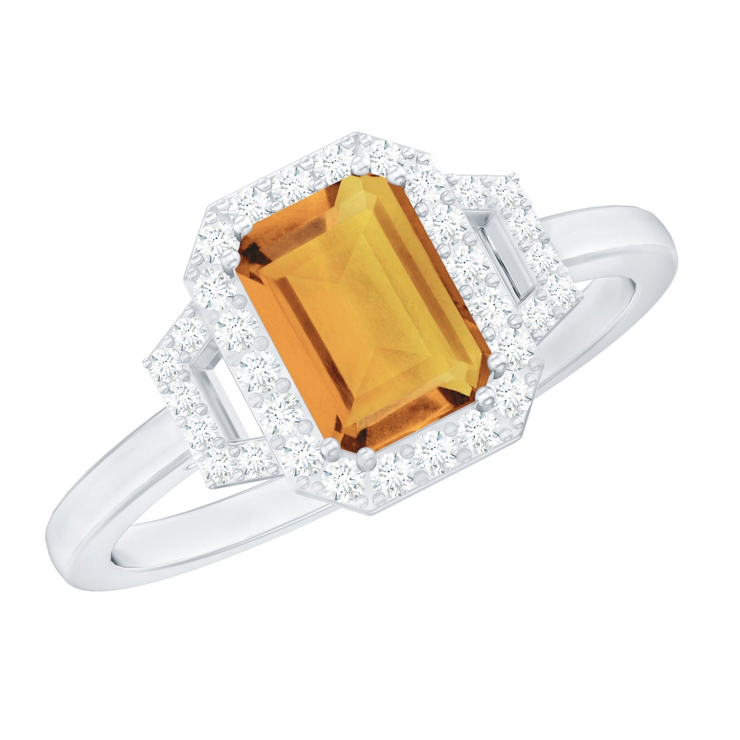 Genuine Citrine Emerald Cut Engagement Ring with Diamond Halo