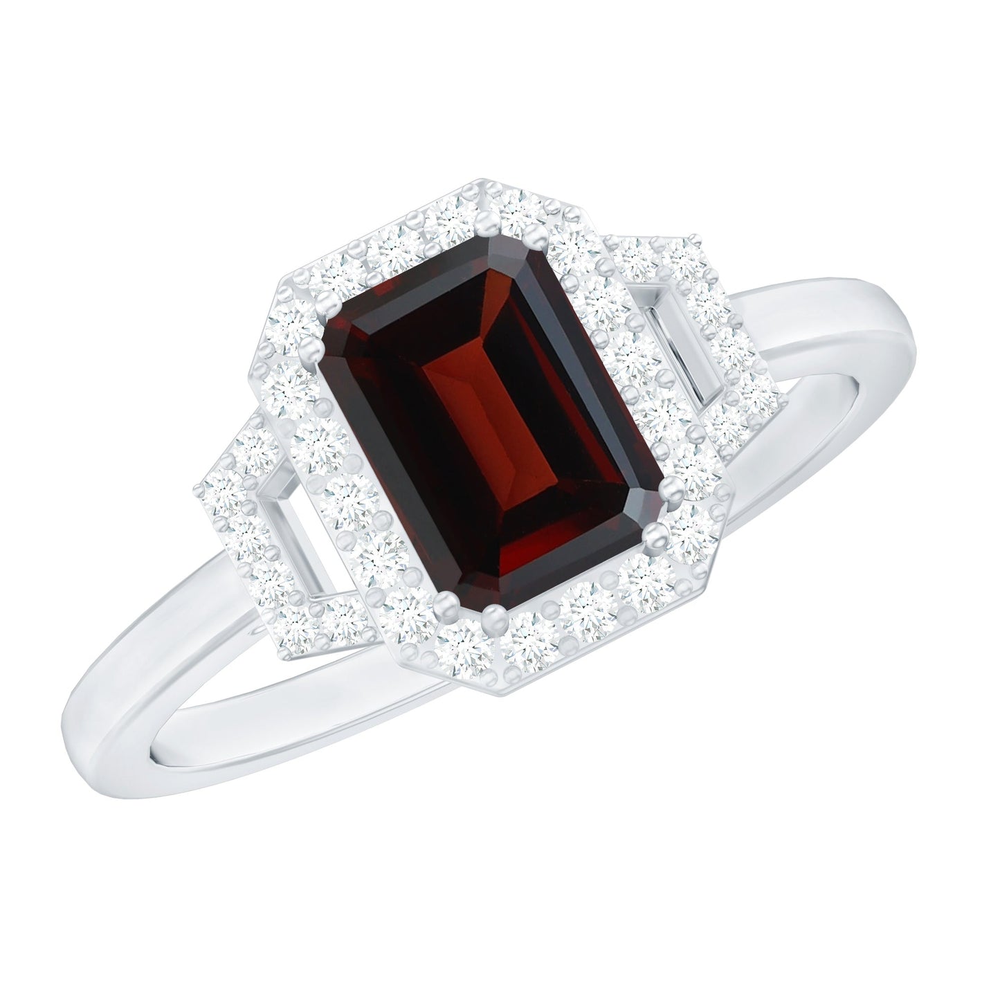 Real 2 Carat Garnet Emerald Cut Engagement Ring with Diamond Halo