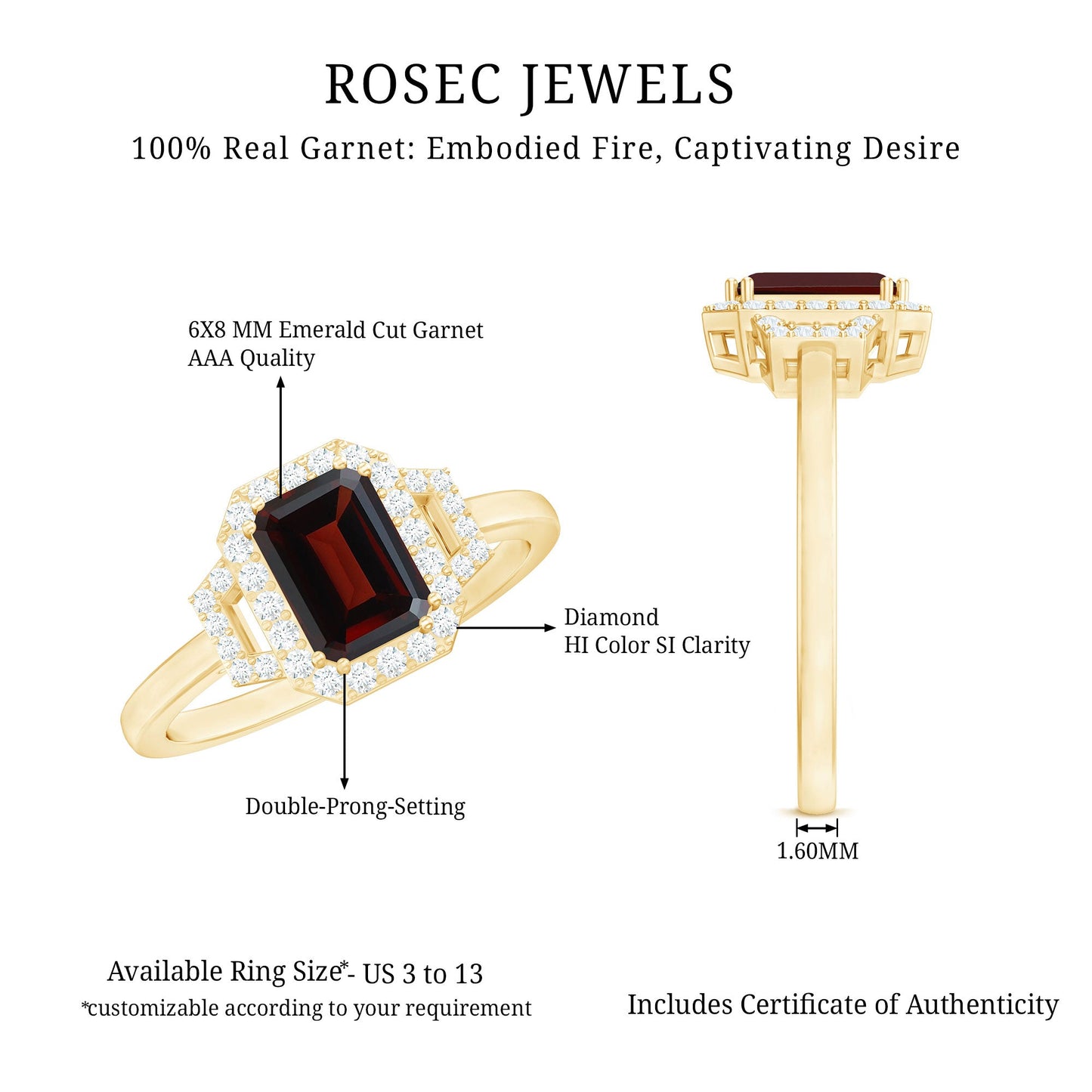 Real 2 Carat Garnet Emerald Cut Engagement Ring with Diamond Halo