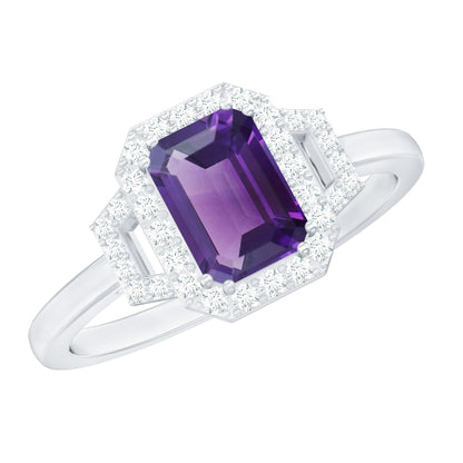 Real 1.4 Carat Amethyst Emerald Cut Engagement Ring with Diamond Halo