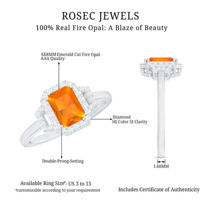 1 Carat Emerald Cut Fire Opal Engagement Ring with Diamond
