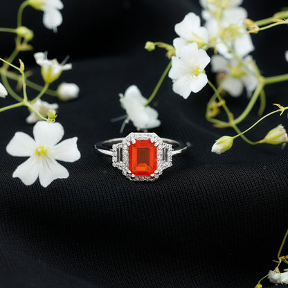 1 Carat Emerald Cut Fire Opal Engagement Ring with Diamond