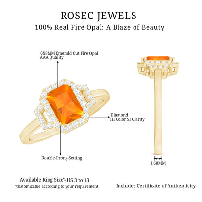 1 Carat Emerald Cut Fire Opal Engagement Ring with Diamond