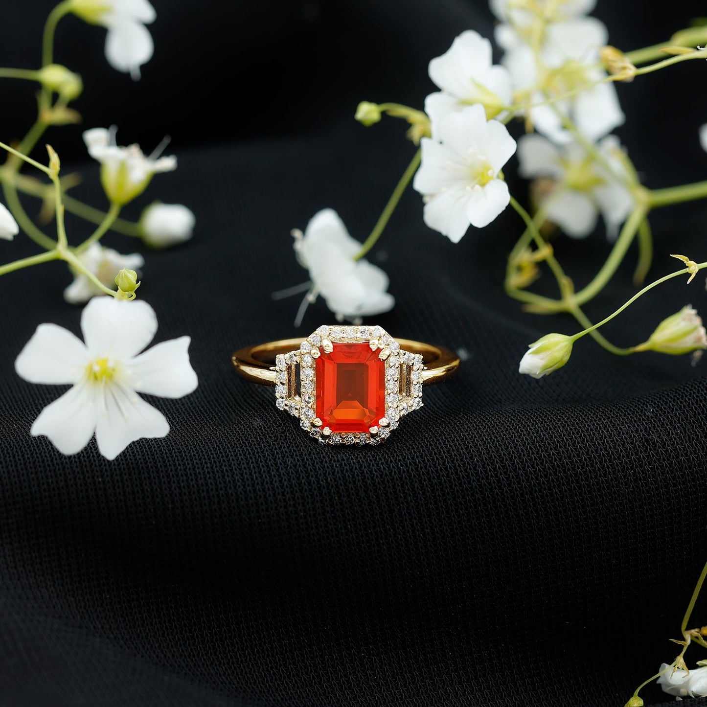1 Carat Emerald Cut Fire Opal Engagement Ring with Diamond