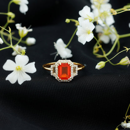 1 Carat Emerald Cut Fire Opal Engagement Ring with Diamond
