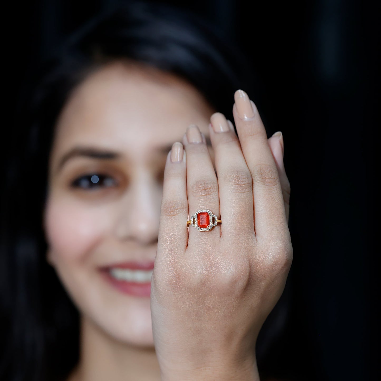 1 Carat Emerald Cut Fire Opal Engagement Ring with Diamond