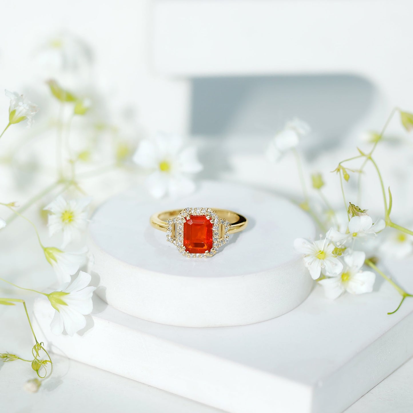 1 Carat Emerald Cut Fire Opal Engagement Ring with Diamond