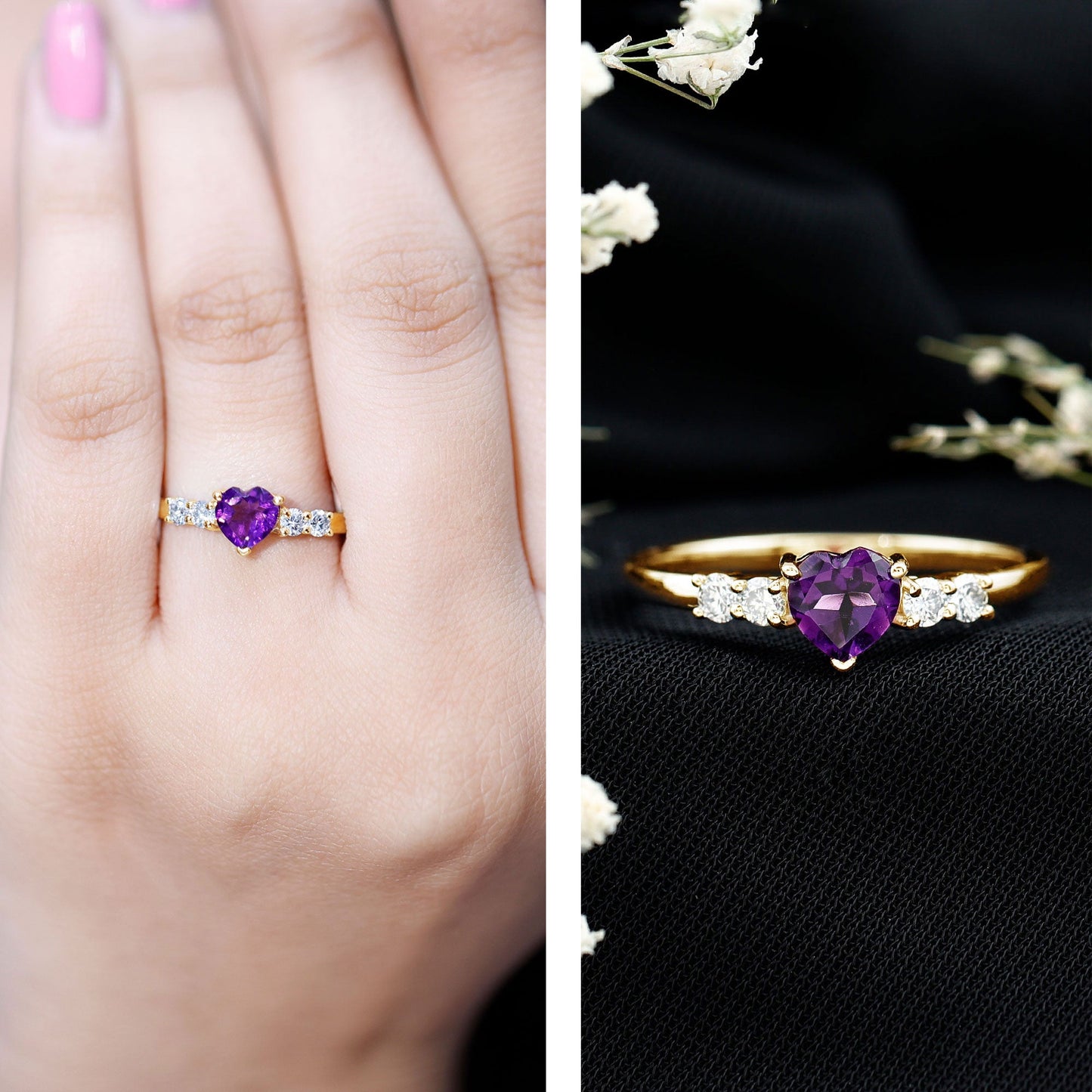 0.9 Carat Amethyst Heart Promise Ring with Diamonds