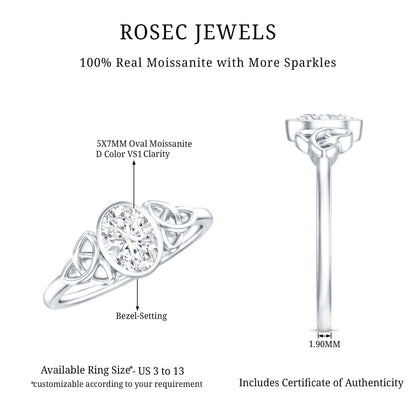 Oval Moissanite Solitaire Celtic Knot Ring in Bezel Setting