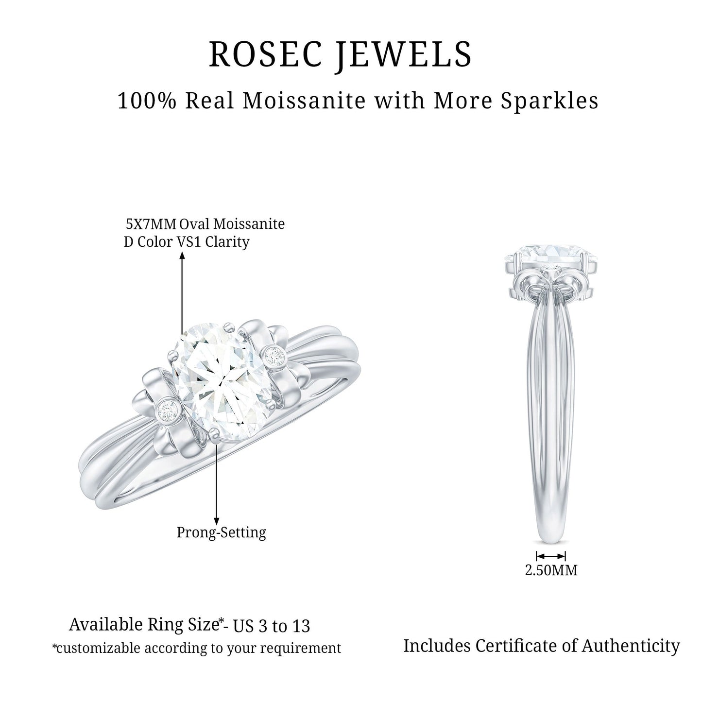 Oval Cut Moissanite Solitaire Engagement Ring with Bow Design