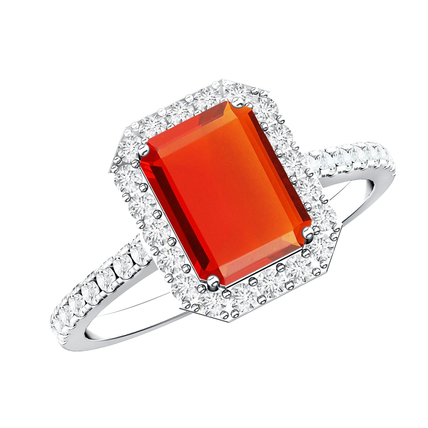 Emerald Cut Fire Opal Simple Engagement Ring with Diamond Halo