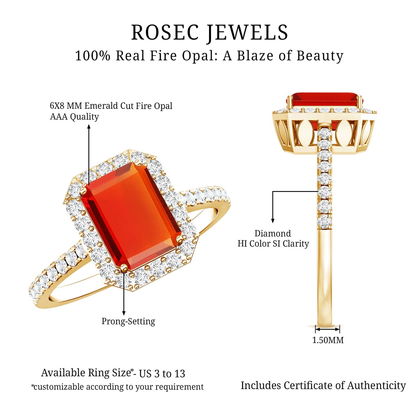 Emerald Cut Fire Opal Simple Engagement Ring with Diamond Halo