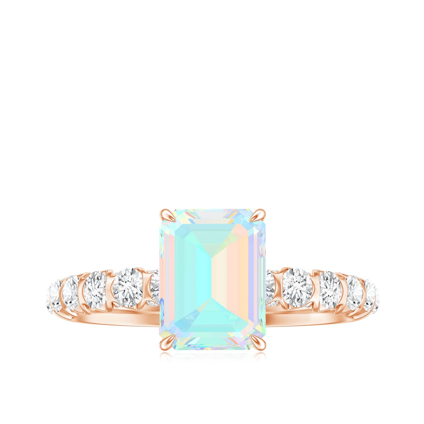 Genuine Ethiopian Opal Emerald Cut Engagement Ring with Diamond Side Stones