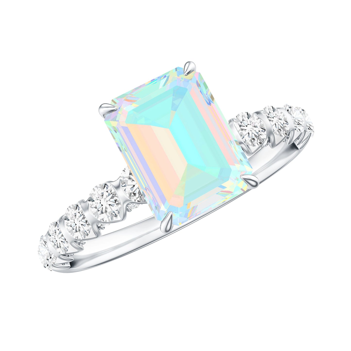 Genuine Ethiopian Opal Emerald Cut Engagement Ring with Diamond Side Stones