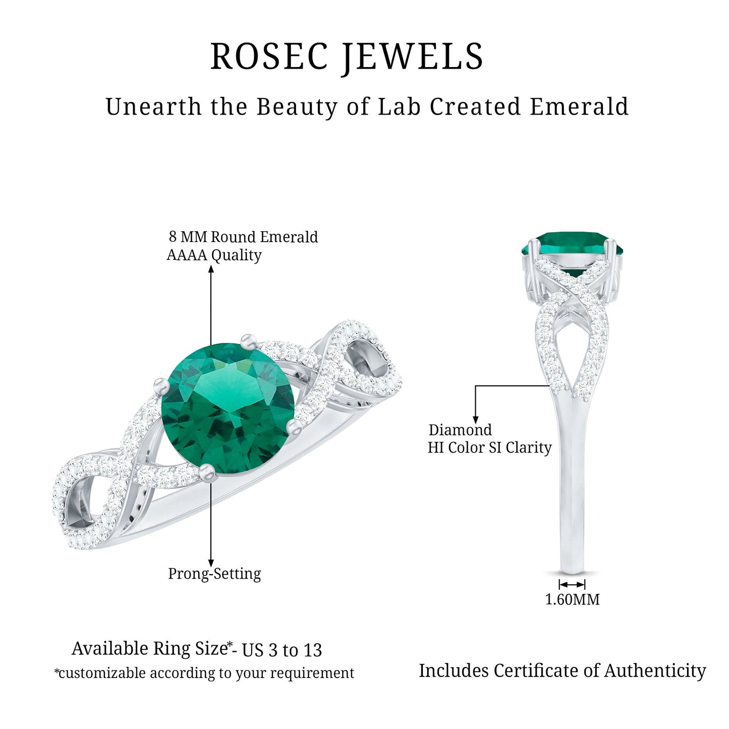 Certified Lab Grown Emerald Diamond Engagement Ring with Crossover Shank