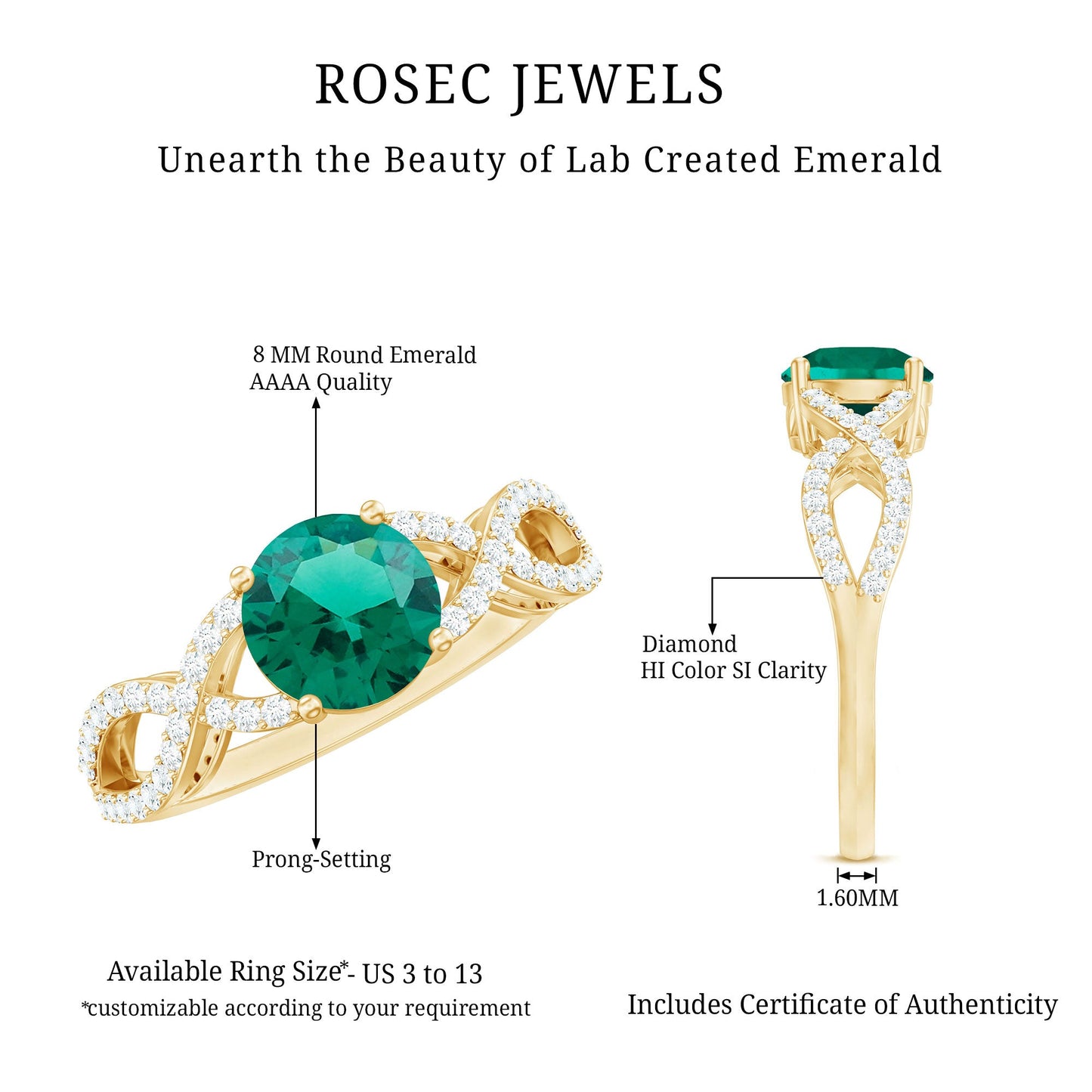 Certified Lab Grown Emerald Diamond Engagement Ring with Crossover Shank