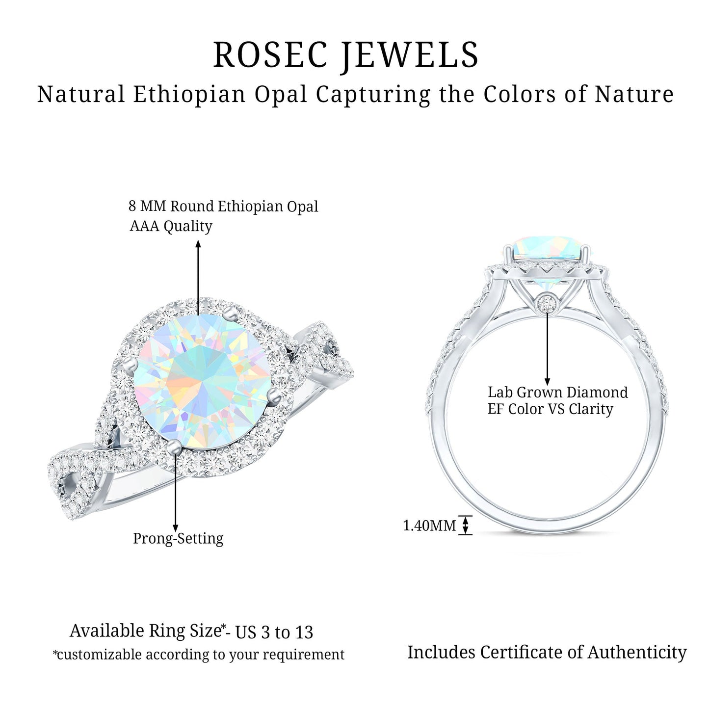 Real 2 Carat Ethiopian Opal Halo Engagement Ring with Crossover Shank