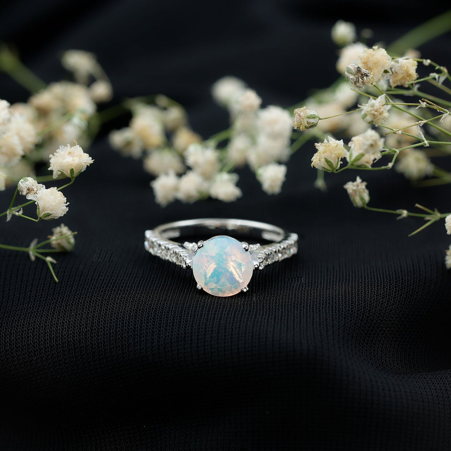 Natural 2 Carat Ethiopian Opal Diamond Engagement Ring with Side Stones