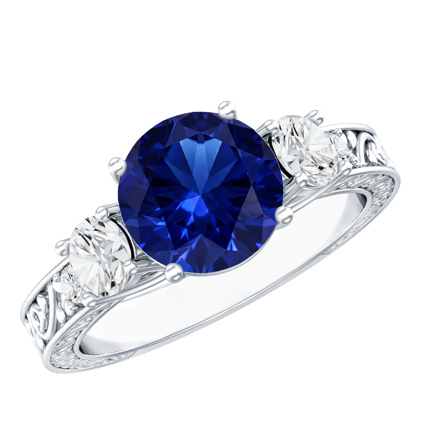 Round Created Blue Sapphire and Moissanite Art Deco Engagement Ring in Gold