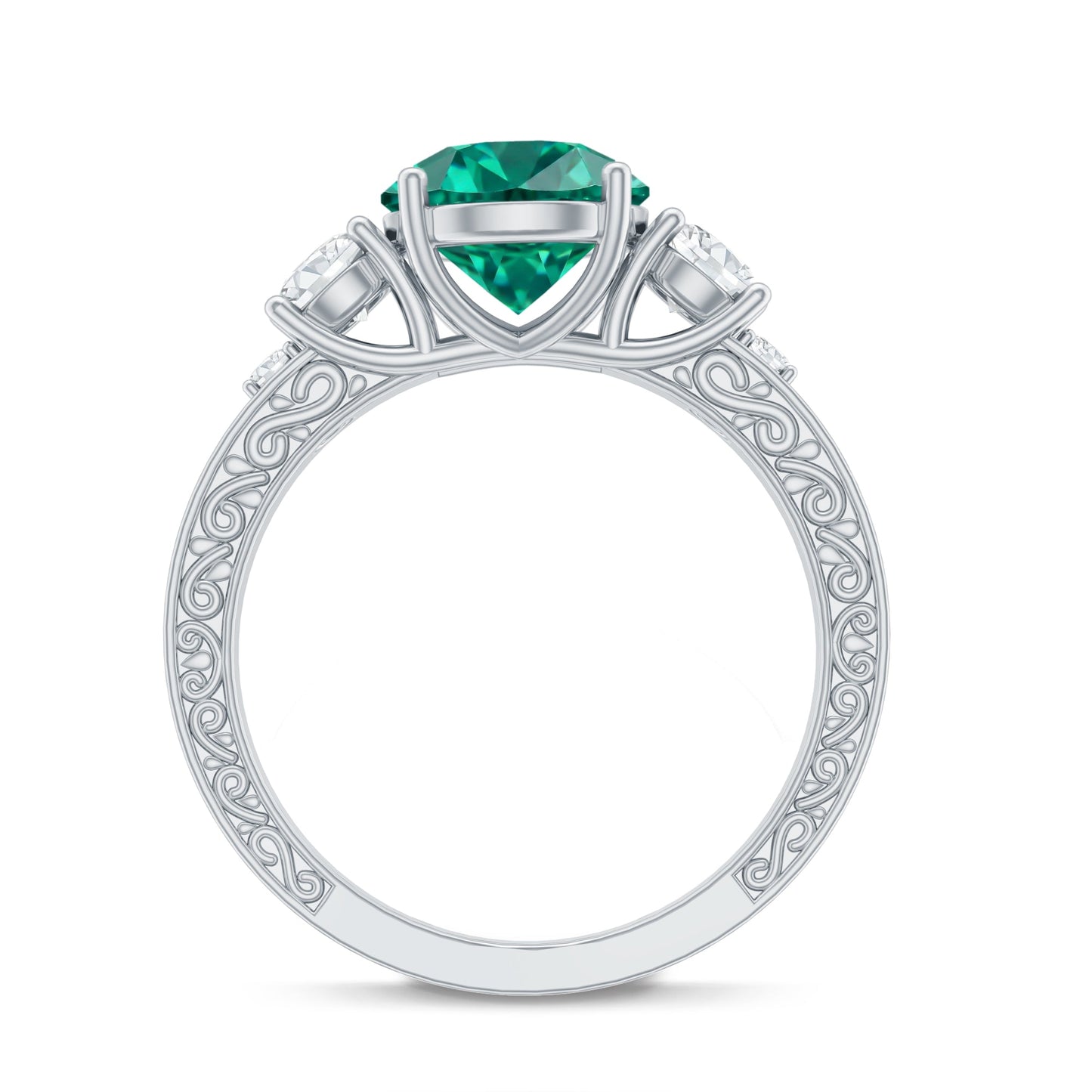 Antique Style Lab Grown Emerald Three Stone Engagement Ring with Moissanite