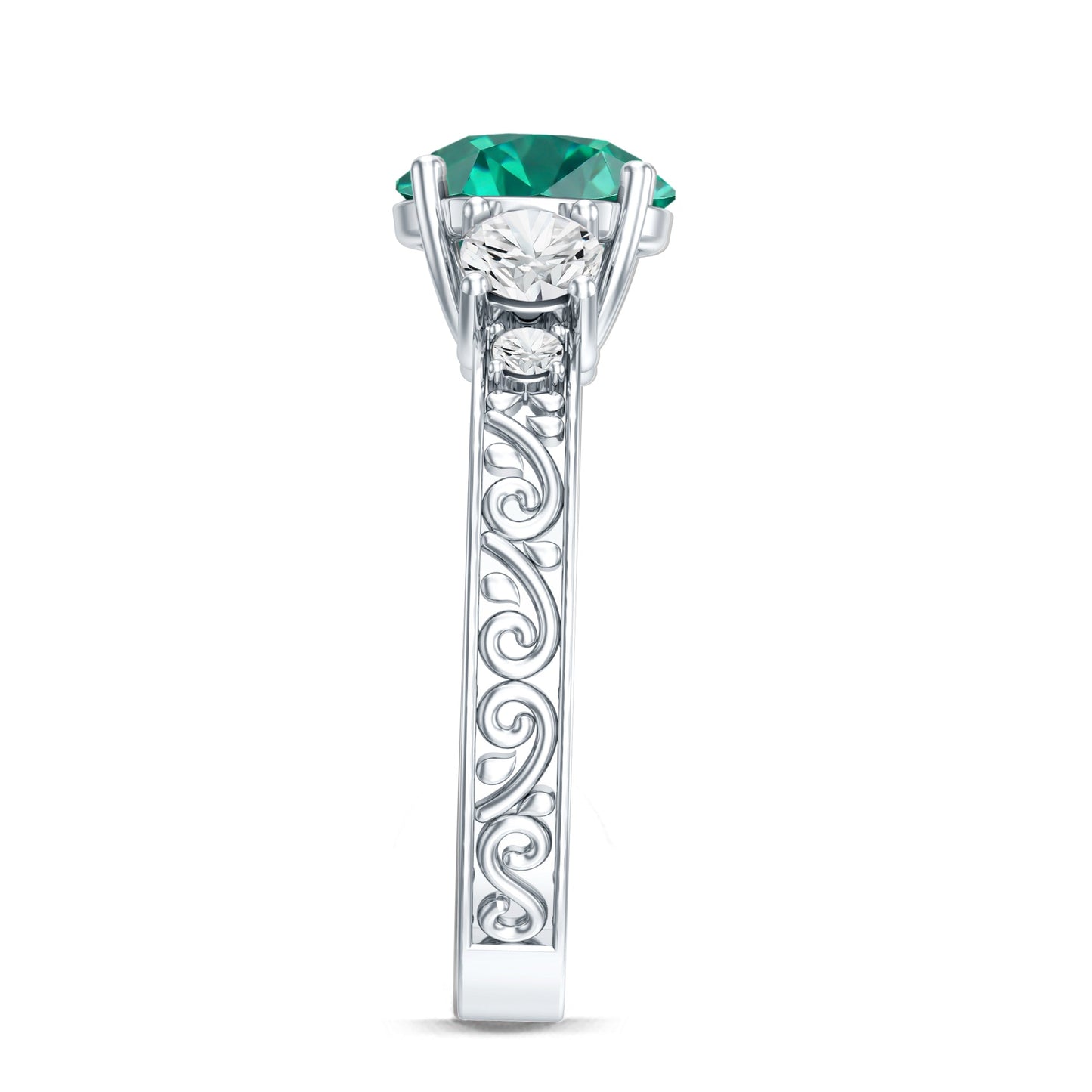Antique Style Lab Grown Emerald Three Stone Engagement Ring with Moissanite
