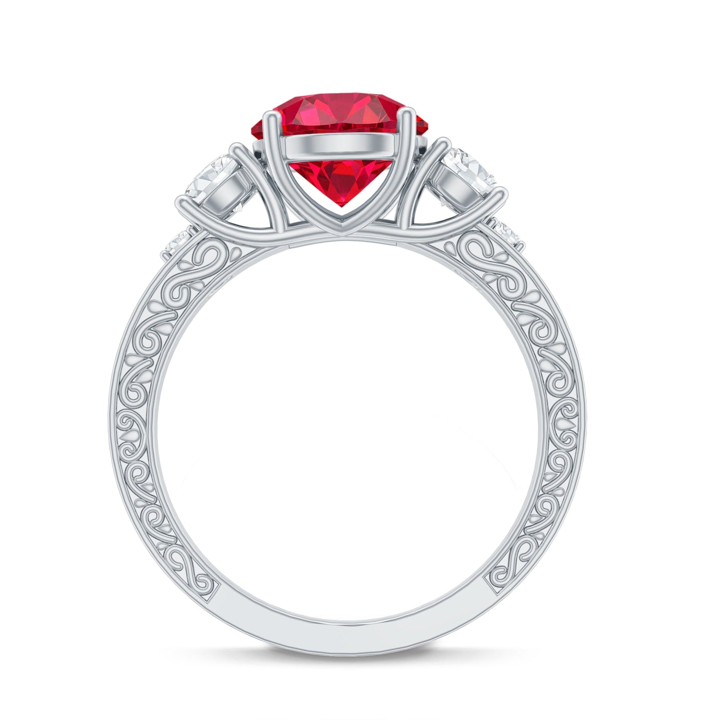 Lab Made 2.3 Carat Ruby and Moissanite 3 Stone Engagement Ring With Certificate