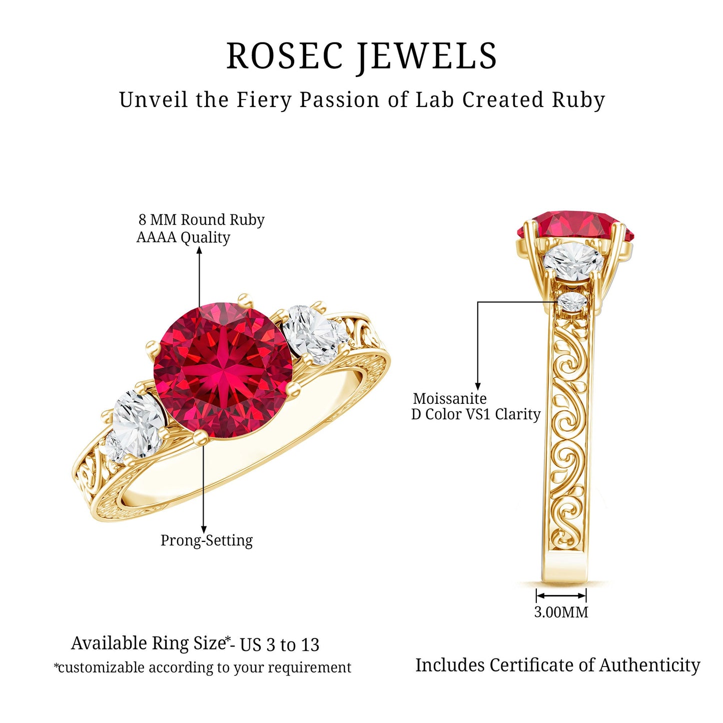 Lab Made 2.3 Carat Ruby and Moissanite 3 Stone Engagement Ring With Certificate