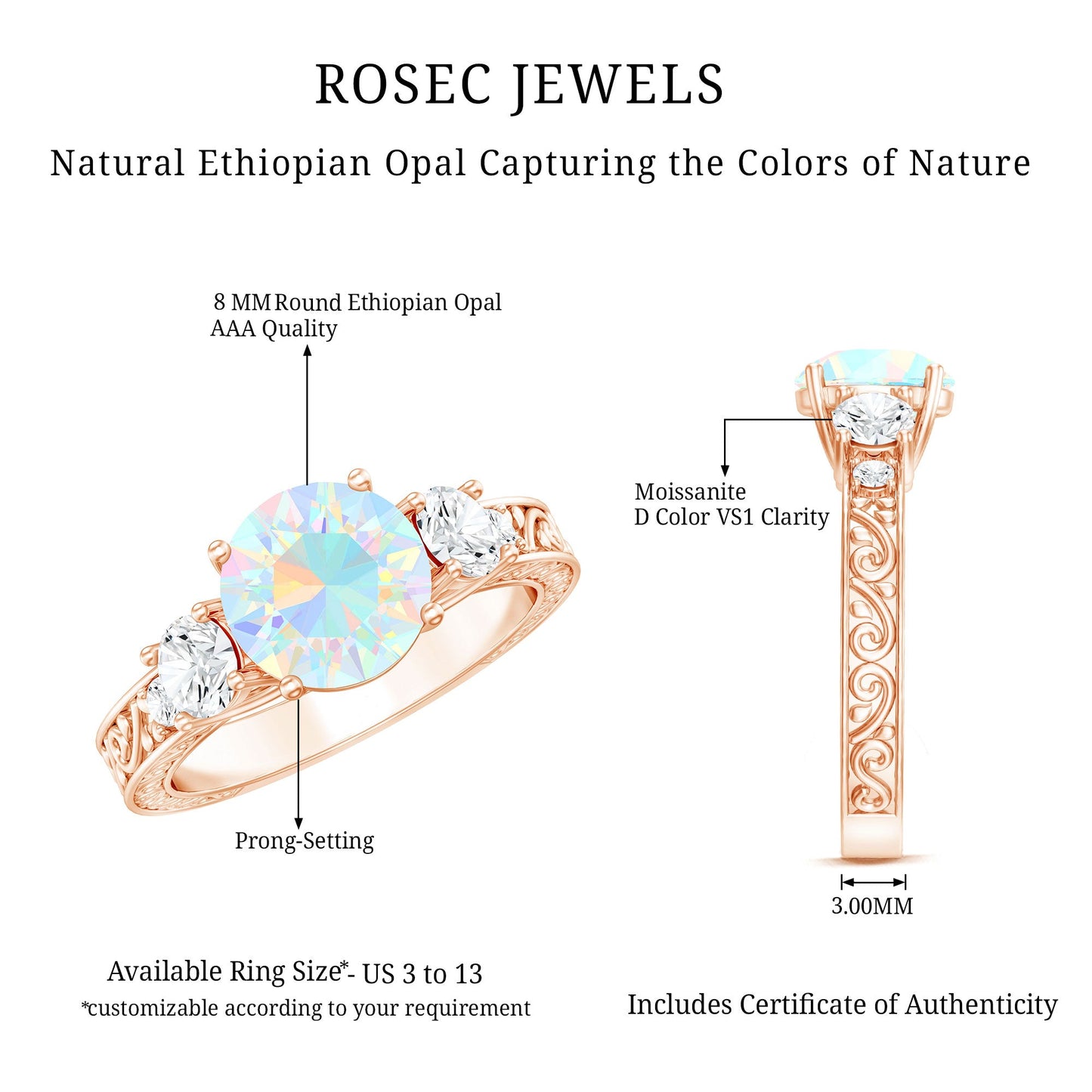 Certified 2 Carat Real Ethiopian Opal 3 Stone Engagement Ring With Certificate