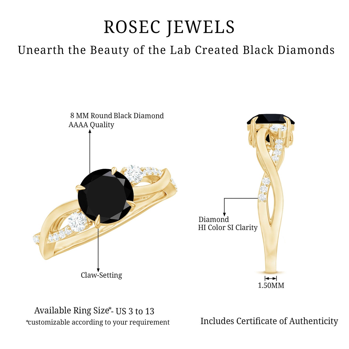 2 Carat Lab Grown Black and White Diamond Engagement Ring with Crossover Shank
