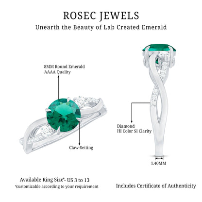 2 Carat Lab Grown Emerald and Diamond Engagement Ring with Crossover Shank