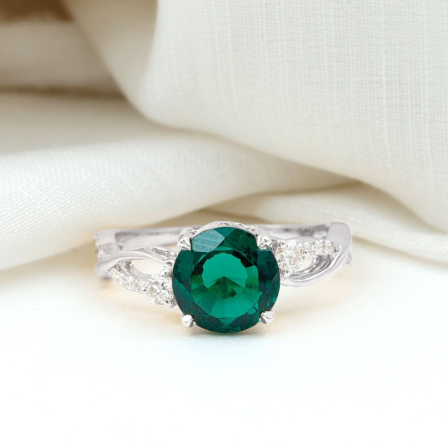 2 Carat Lab Grown Emerald and Diamond Engagement Ring with Crossover Shank
