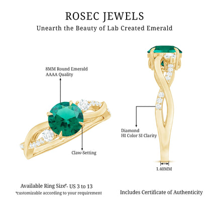 2 Carat Lab Grown Emerald and Diamond Engagement Ring with Crossover Shank